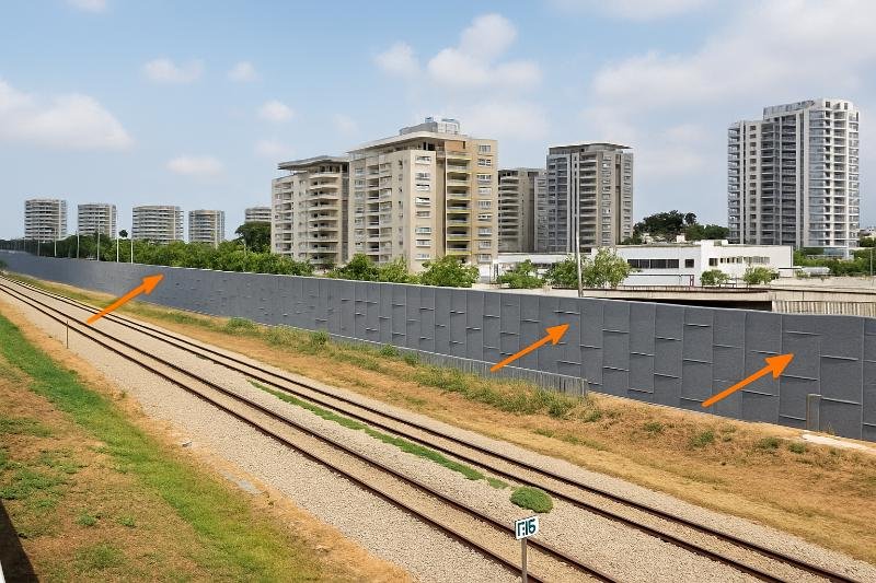 סצנה עירונית עם מסילה וגורדי שחקים